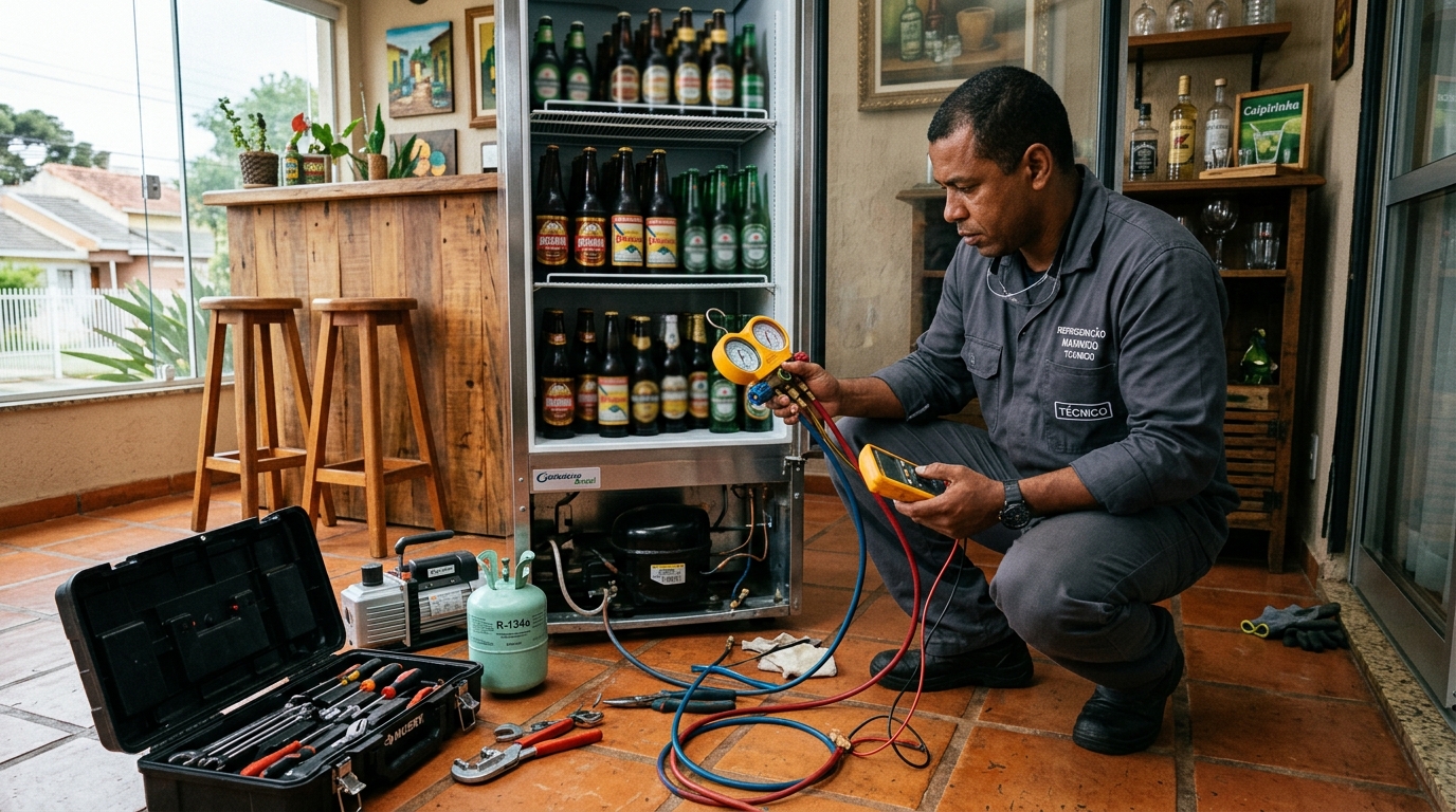 Técnico revisando o motor de uma cervejeira durante chamado em Mogi das Cruzes‑SP