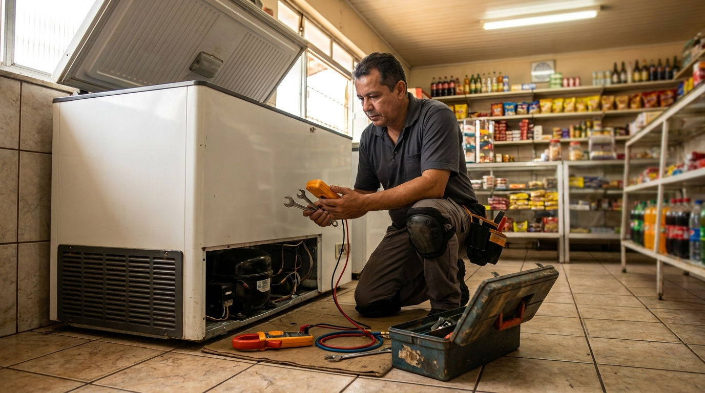 Técnico reparando o motor de um freezer horizontal em Mogi das Cruzes‑SP