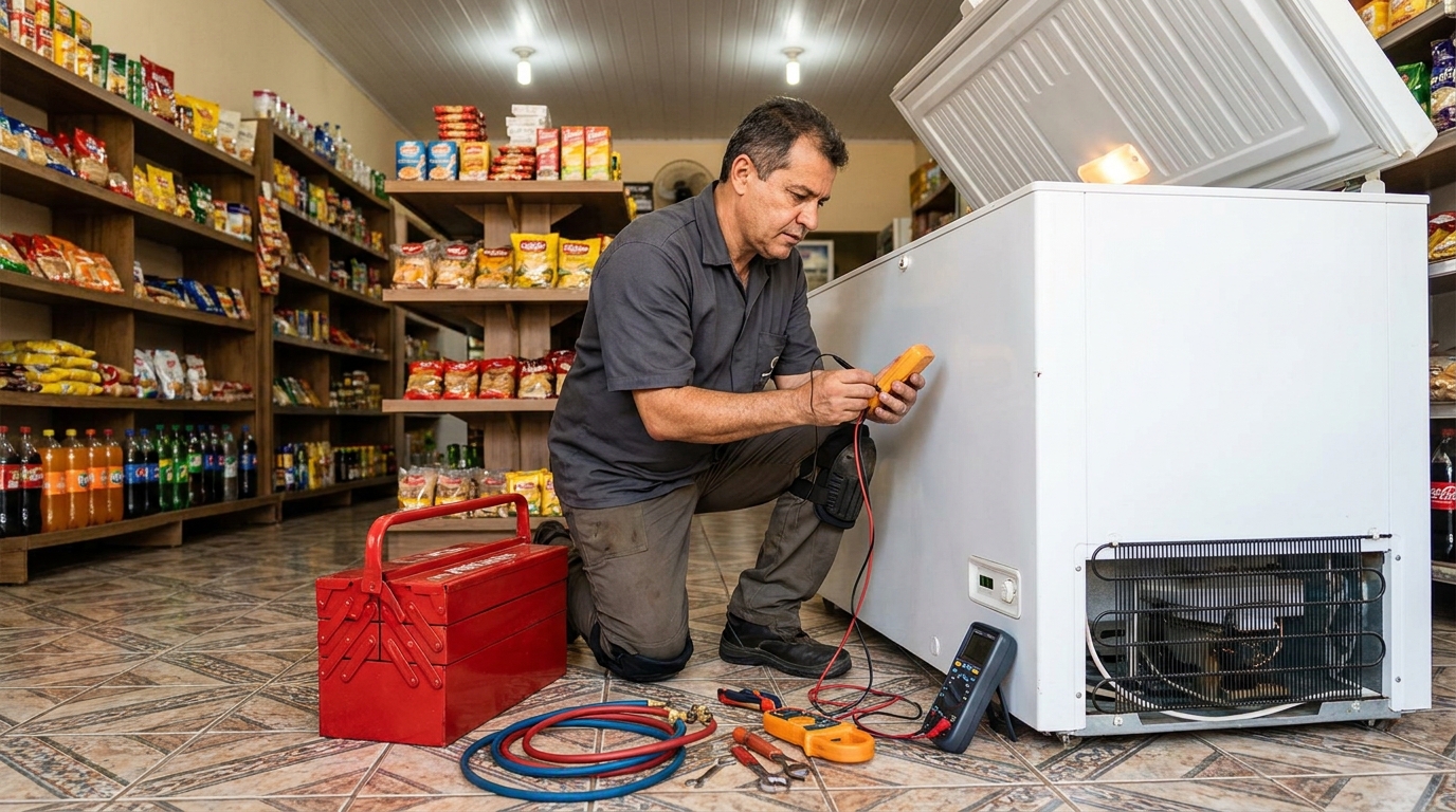 Manômetro conectado ao circuito durante recarga de gás de freezer em Mogi das Cruzes‑SP