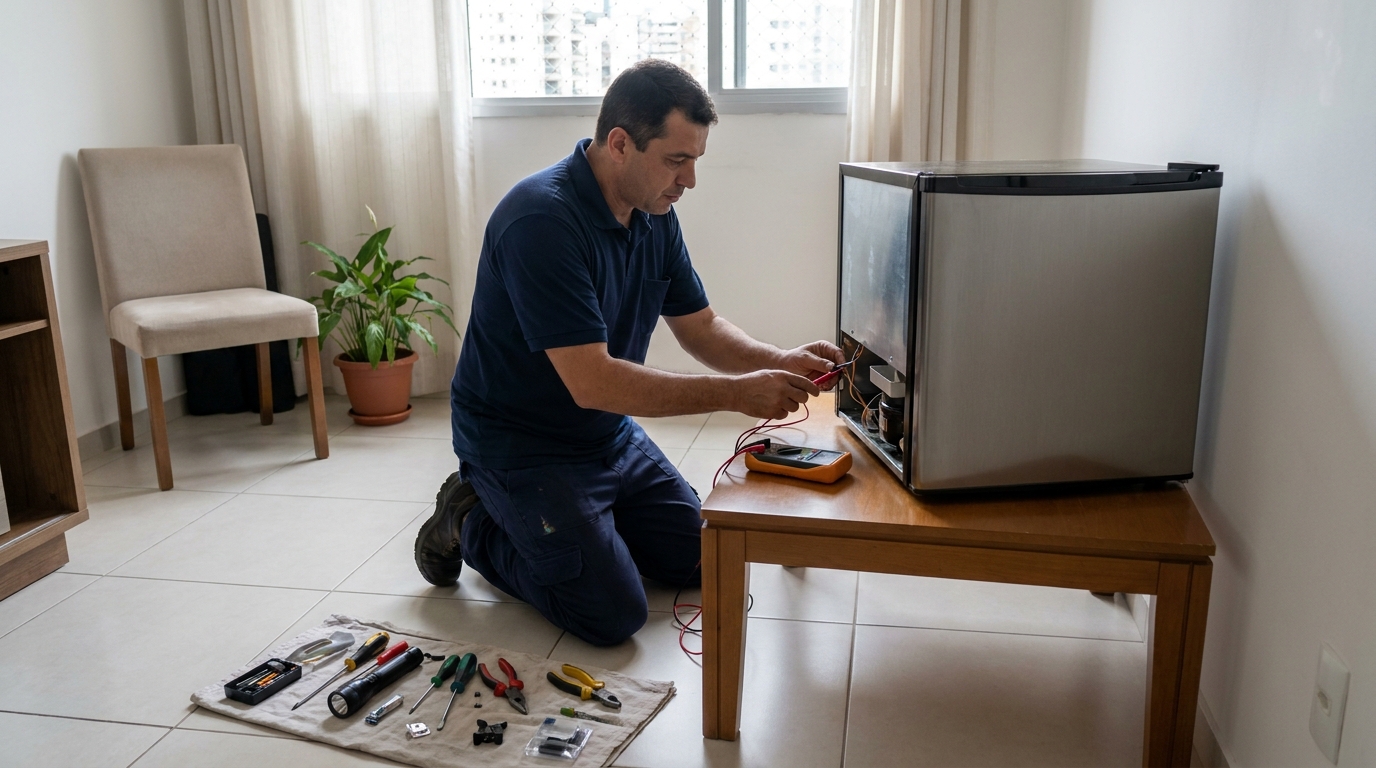 Técnico avaliando um frigobar compacto durante atendimento em Mogi das Cruzes‑SP